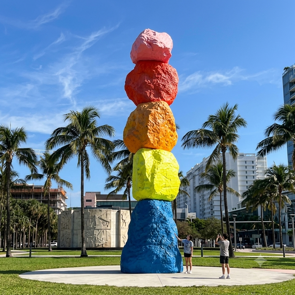 a large sculpture of colorful rocks in a park