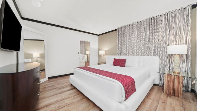 A wide view of a hotel room with a king-size bed, a sofa bed, a TV, and a mirror.